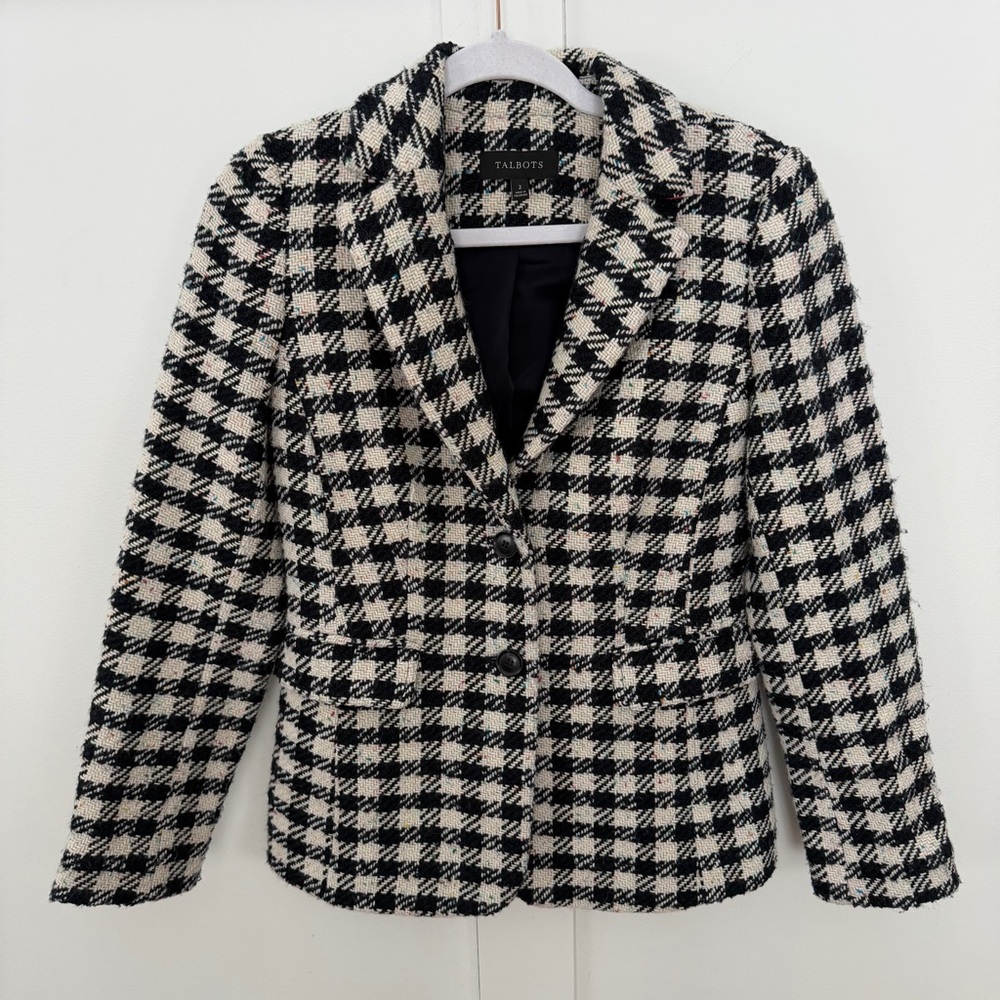 Talbots Women’s Blazer‎ Black White Houndstooth Speckled Wool Tweed Preppy SZ 2